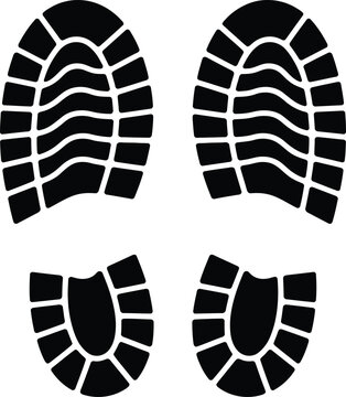 Isolated black vector illustration of a shoe footprint, showing the sole and tread design of a boot or sneaker