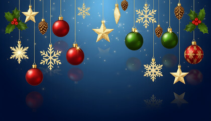 Christmas ornaments and decorations hanging against a blue background with subtle light effects