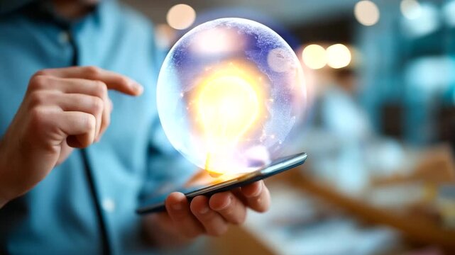 Hands arranging product photos with glowing lightbulb hologram showing creative merchandising strategy digital storefront optimization e commerce planning smartphone defocused