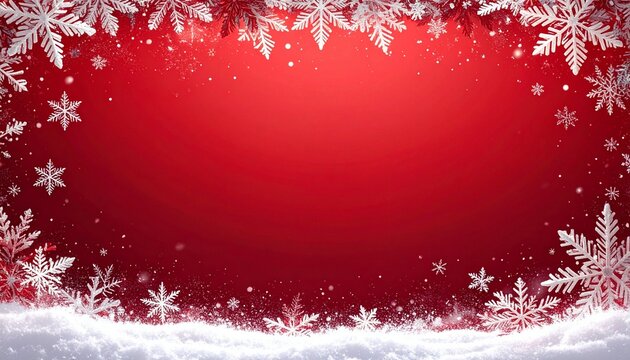 Marco decorativo rojo de copos de nieve blancos alrededor de todo el borde, con diferentes tama&ntilde;os y dise&ntilde;os, creando un efecto helado y festivo. Peque&ntilde;as part&iacute;culas de nieve dispersas por el fondo.