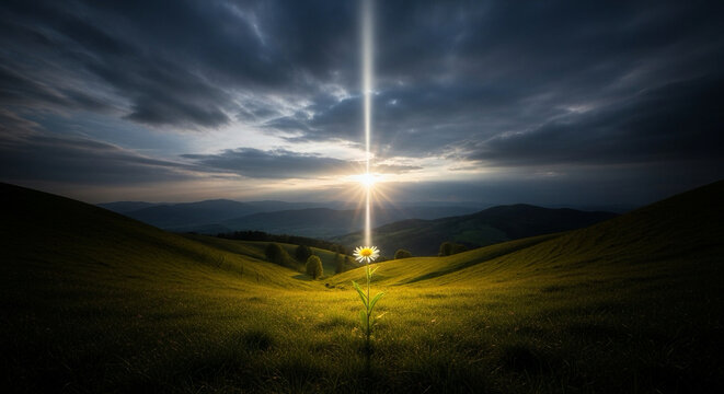 sunbeam breaking through clouds over quiet landscape, symbolic hope