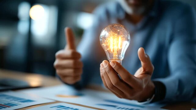 Business hands gesturing over financial charts with glowing lightbulb hologram centerpiece creative business planning digital growth strategy marketing analytics reports - Powered by Adobe