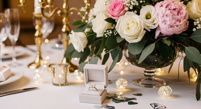 Elegant table setting with engagement ring centerpiece and fresh pink white flowers