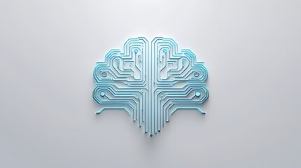 Glowing Cyan Blue Circuit Line Brain Symbol on White Background