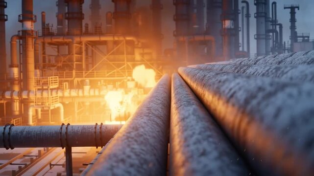 Long rows of metal pipelines lead toward bright refinery flames as fire flickers stronger through frames showing shifting glow, increased intensity and growing heat across the industrial corridor