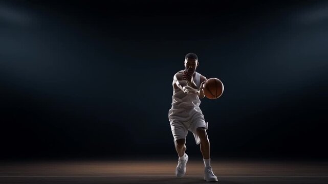 Athletic basketball player jumps upward holding the ball as movement progresses through frames showing rising motion, extended posture and focused energy under dramatic indoor lighting