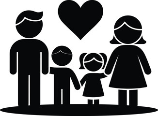 Happy family unit stick figures with heart representing love