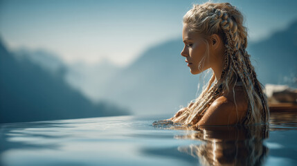 Calm woman in mountain pool