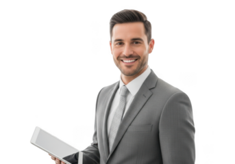Smiling confident businessman in a grey suit and tie holding documents isolated on transparent background