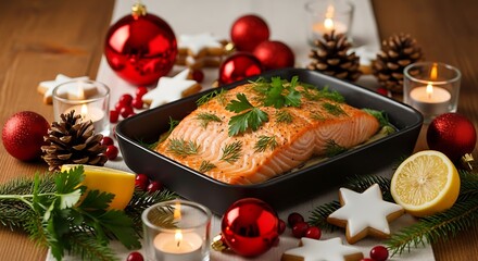 Festive baked salmon with christmas decorations and candles