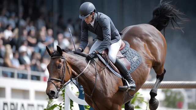 Equestrian rider directs horse from canter to a strong leap over an arena obstacle maintaining balance, grip and steady forward motion during competitive jump sequence