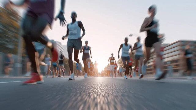 Group of runners moves at increasing pace along a sunlit city street during a marathon, shifting from mid-pack motion to faster stride rhythm showing active athletic effort in race
