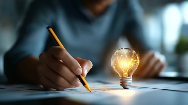 Business hand sketching logo concepts with glowing lightbulb inspiration creative brand development digital identity design marketing visual strategy drawing tablet visible