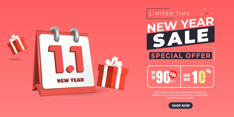 New Year Calendar Promotion 3D Date Display with Gift Elements and Discount Banner for January 1st Retail Launch and Holiday Sales