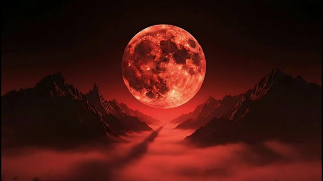 Cinematic Track-Up of a Blood Moon Mystery Rising Effect &mdash; Colossal Crimson Glow, Ethereal Mist, and Menacing Shadows in a Grim Photorealistic Horror.