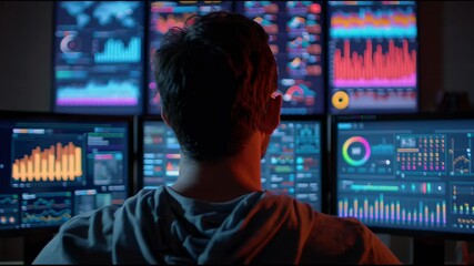 Dynamic financial analyst reviewing stock market data on multiple monitors in a modern office, analyzing investment trends with focus - Powered by Adobe