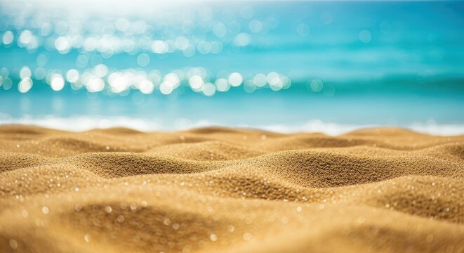 A closeup view of golden sand dunes on a tropical beach with the turquoise ocean and sparkling sunlight in the blurred background, evoking a sense of vacation and relaxation