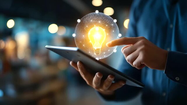 Business hand touching virtual shopping interface with lightbulb representing creative sales funnel conversion optimization digital commerce concept tablet visible face