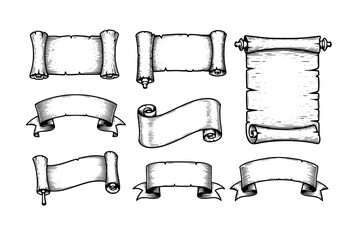 A scroll or banner parchment paper ribbon band in a vintage woodcut style
