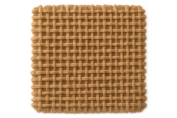 Natural woven flax fabric detail on transparent background, showing beige hessian threads forming a basket weave texture
