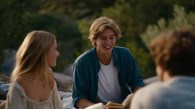 Friends gathered on a blanket during digital detox picnic in no-phone zone, surrounded by nature, books, and laughter — concept of mindful living, human reconnection, and tech-free outdoor