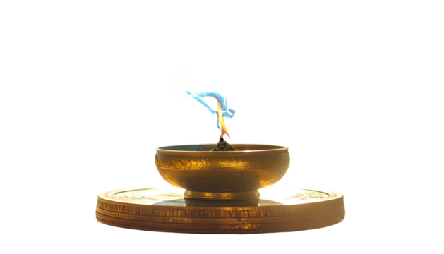Lit wick inside a golden bowl on a gold disc, against a stark black background
