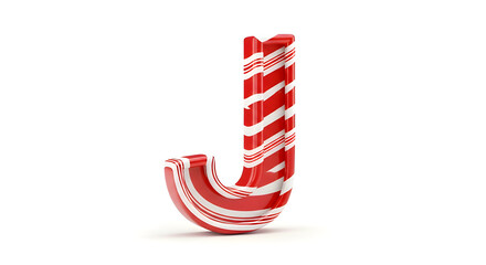 Candy-cane striped Christmas letter J isolated on white.