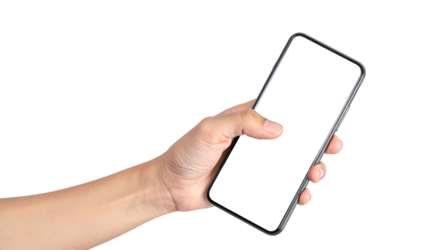 A hand holds a smartphone with a blank screen against a black backdrop