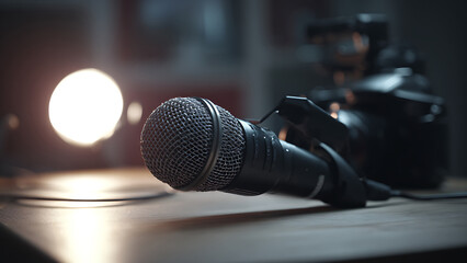 Obraz premium Dynamic Microphone on Wood, Bathed in Dramatic Spotlight, Awaiting Performance