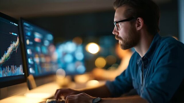 Faceless entrepreneur managing online store dashboard with lightbulb creative campaign center digital retail analytics sales growth chart multiple devices visible defocused