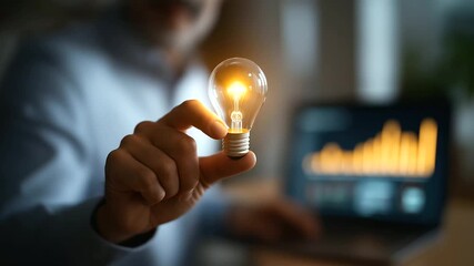 Business hand pointing at video analytics with lightbulb engagement insight creative performance optimization digital video strategy view counts and metrics laptop defocused