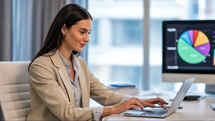 Professional woman working on laptop in office with data charts for business analysis success - Powered by Adobe