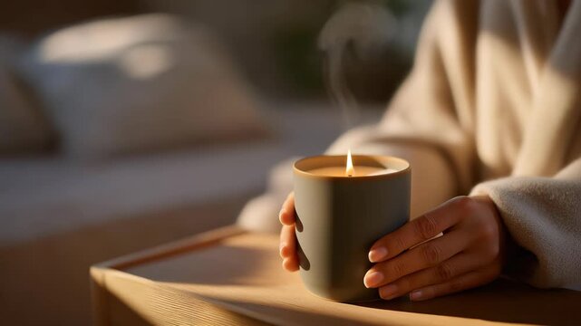 Hands gently lighting a candle in a dim, cozy room with soft shadows dancing on the walls, steam from a nearby mug curling into the warm air &mdash; concept of mindfulness, evening ritual, meditation,