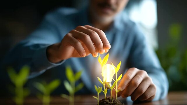 Hands analyzing viral coefficient with lightbulb organic growth insight creative expansion strategy digital marketing multiplication calculations visible face defocused with