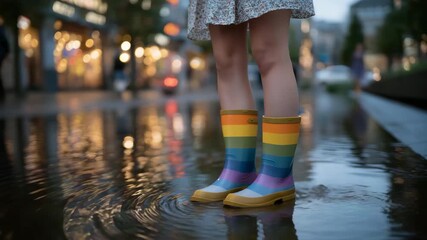 Legs in colorful rain boots standing in a puddle with reflections of urban lights — concept of playful urban exploration, rainy day lifestyle, reflection aesthetics, and seasonal mood imagery.