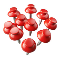 Group of vivid red thumbtacks scattered in an abstract pattern ready for use transparent background