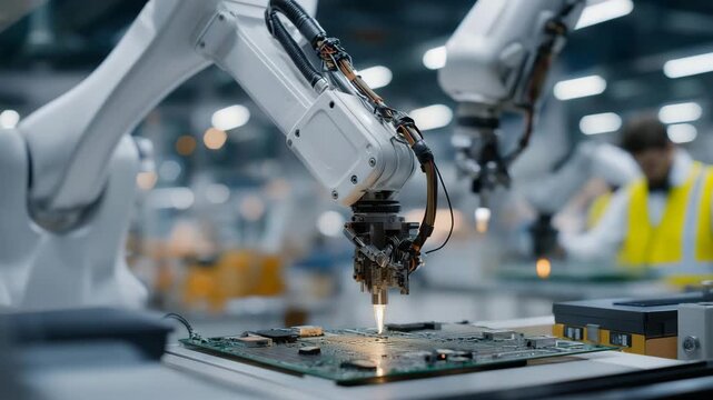 Macro view of robotic grippers assembling complex circuits inside a sterile electronics plant, emotion of intensity and attention to detail visible, symbolizing nanotech manufacturing, precision