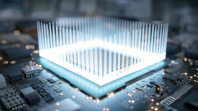 Macro shot of CPU die with AR overlays showing real-time thermal and data flow simulations, emphasizing next-gen processor design, smart computing systems, and semiconductor innovation. cinematic