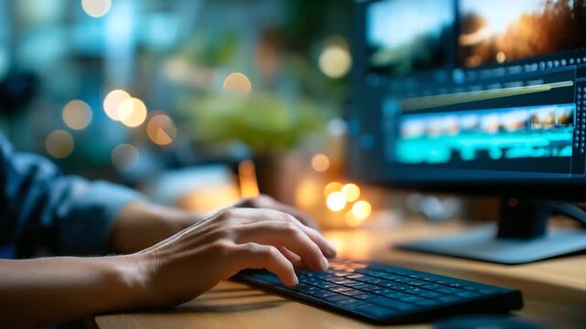 Hands editing video clips on timeline with lightbulb creative transitions marked digital storytelling marketing video production editing interface visible face not shown creat