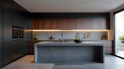 Photorealistic Render of a Sleek, High-End Kitchen Interior Front View