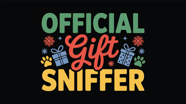 Official gift sniffer festive holiday design with paw prints snowflakes and gift boxes in a charming silhouette style