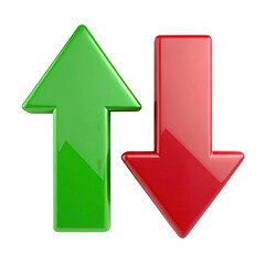Two three dimensional arrows one green pointing up the other red pointing down transparent background