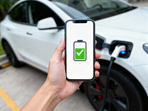Hand holding a phone showing a full battery icon, indicating successful charging of an electric vehicle, promoting sustainable transport.