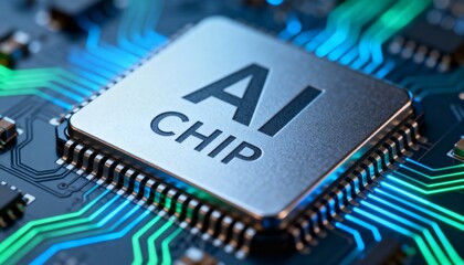 Close-up of a metallic AI processor chip mounted on a circuit board with glowing blue and green pathways.