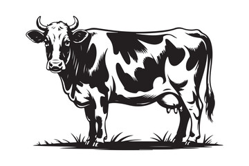 Black and white sketch of a holstein cow standing in grass
