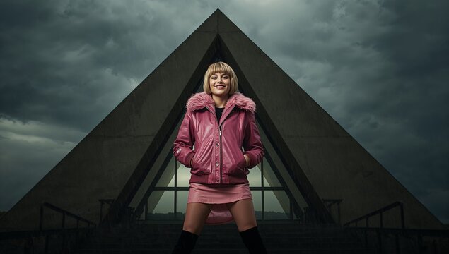 Young woman pink leather jacket mini skirt knee high boots modern building triangular shape concrete stormy sky raindrops glass window curved lines generative AI - Powered by Adobe