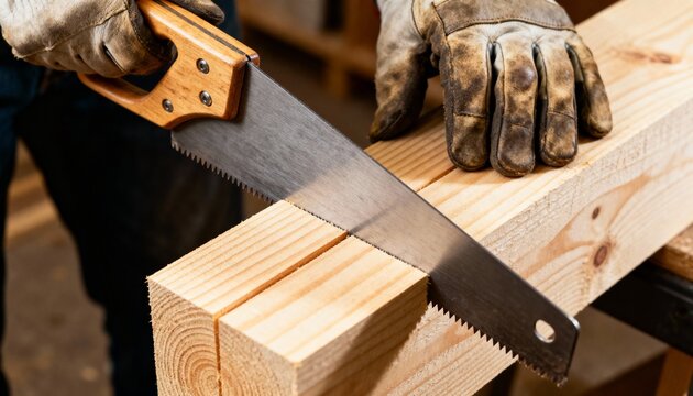 A carpenter wearing protective leather gloves uses a handsaw to cut a thick piece of light-colored lumber in a workshop. - Powered by Adobe
