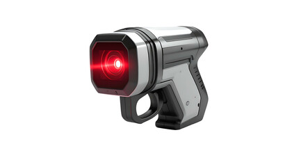 Futuristic handheld device with red light emission, sleek design, and dark background