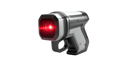 Futuristic handheld device with red light emission, sleek design, and dark background