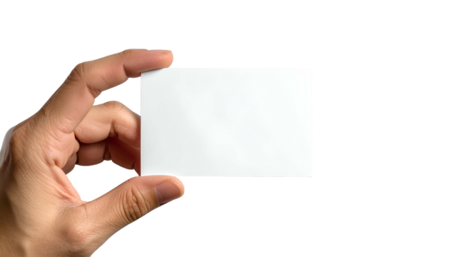 A hand holds a blank rectangular card against a black background, showcasing presentation